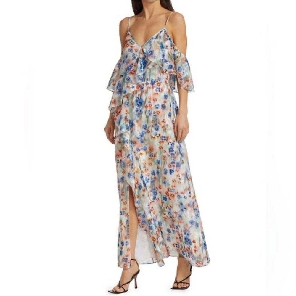 Tanya Taylor Floral Cascade Ruffle Lorena Maxi Dress Floral Cold-Shoulder- sz 10